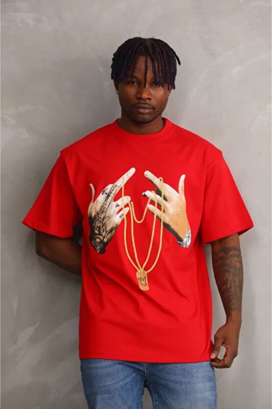 Mottisfashion Unisex Baskılı Oversize T-shirt - Kırmızı