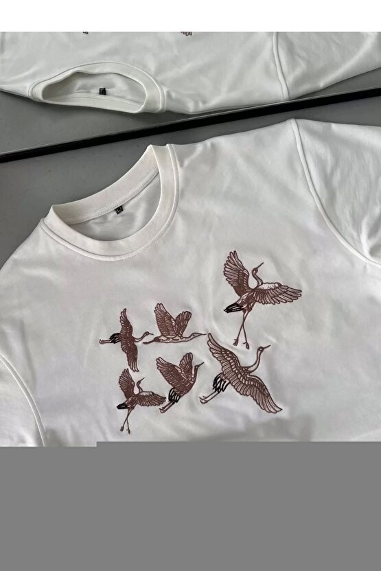 Unisex Oversize Baskılı Bisiklet Yaka T-Shirt - Gri