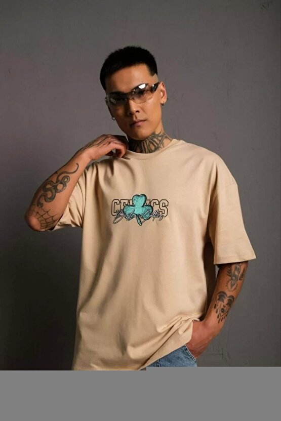 Erkek Sırt Baskılı T-shirt - Bej