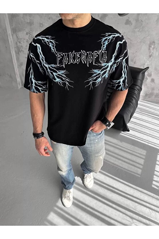 Unisex Bisiklet Yaka Baskılı Oversize T-Shirt - Siyah