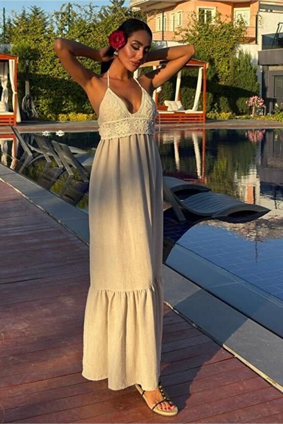 Moda Shop & Butik Göğsü Trikolu Keten Uzun Elbise 2904-08