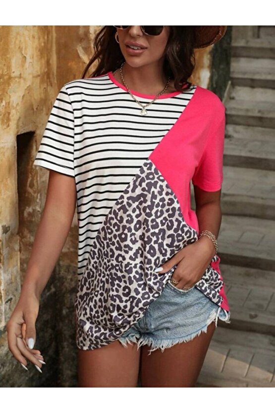 Moda Shop & Butik Kadın Süprem Kumaş Leopar Desenli Ve Cizgili Oversize Bluz