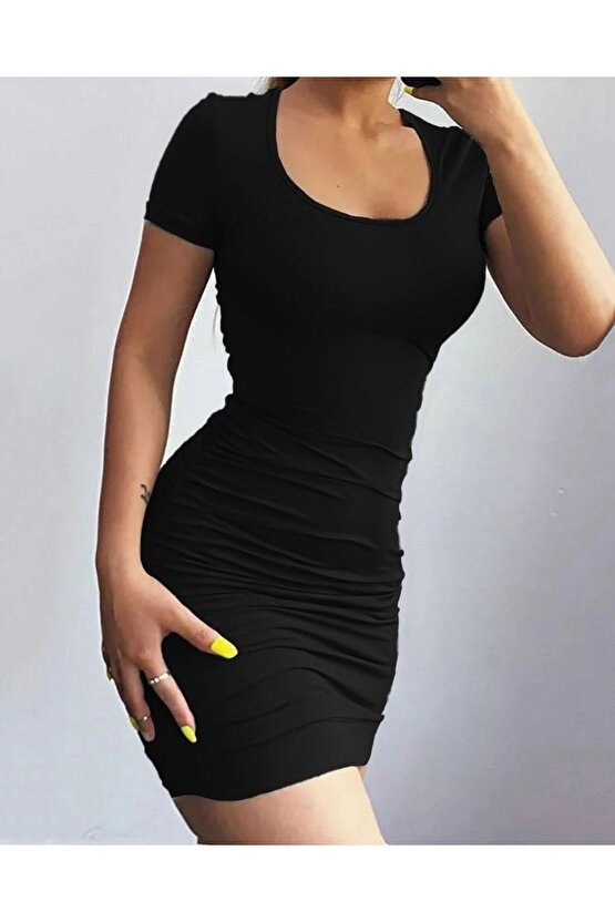 Kadın Kısa Kollu Bel çapraz Detay Dekolteli Eteği Büzgülü Sandy Mini Elbise