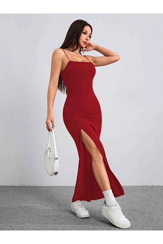 Kadın Ip Askılı Yandan Yırtmaçlı Janjan Krep Elbise