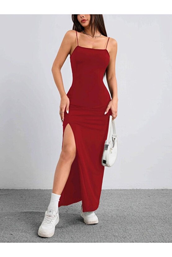 Kadın Ip Askılı Yandan Yırtmaçlı Janjan Krep Elbise