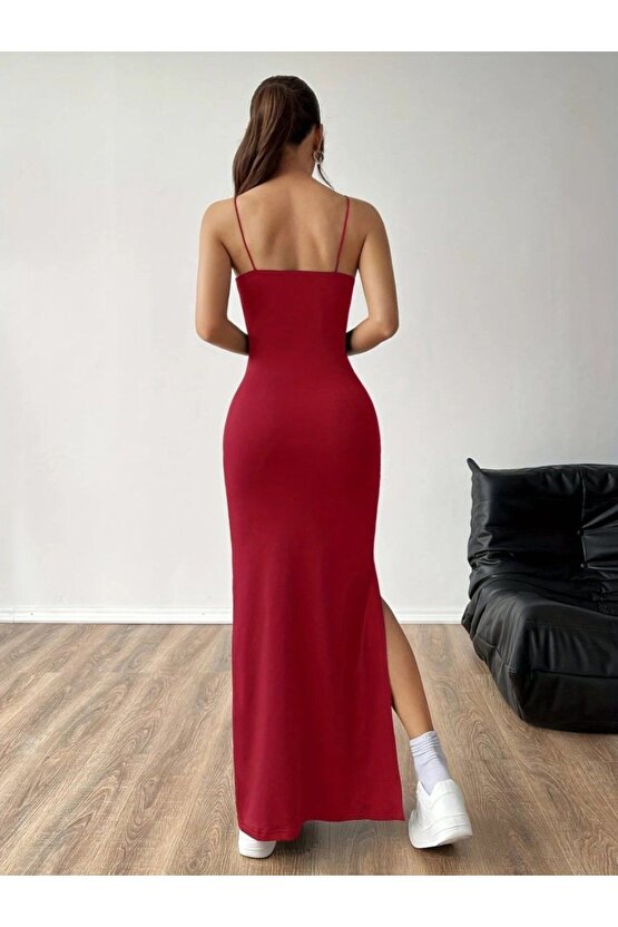 Kadın Ip Askılı Yandan Yırtmaçlı Janjan Krep Elbise