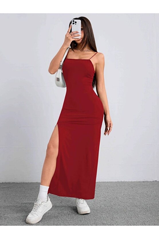 Kadın Ip Askılı Yandan Yırtmaçlı Janjan Krep Elbise