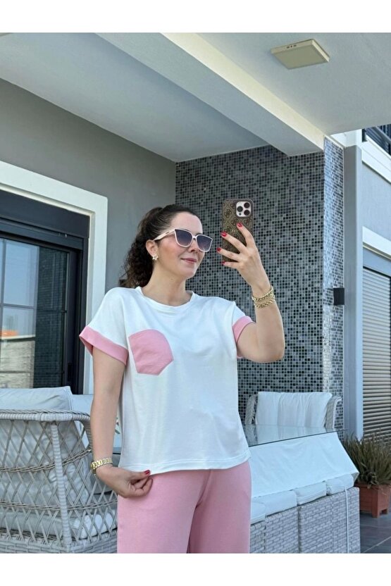 Kadın Kristal Kumaş Garnili Cep Detaylı Ikili Takım