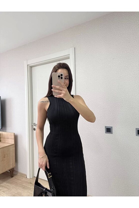 Fitilli Triko Elbise Kolsuz Sırtı Kapalı Maxi Uzun Boy - Siyah