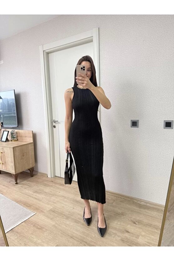 Fitilli Triko Elbise Kolsuz Sırtı Kapalı Maxi Uzun Boy - Siyah