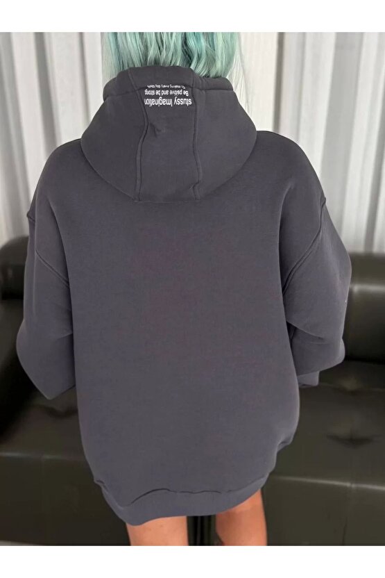 Üç Iplik Kapşonlu Baskılı Sweatshirt - Füme