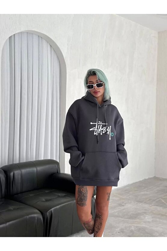 Üç Iplik Kapşonlu Baskılı Sweatshirt - Füme