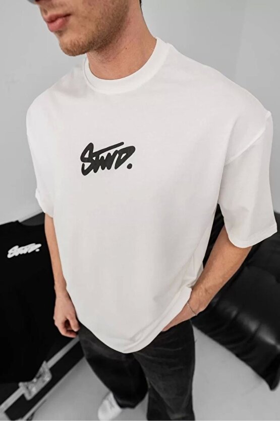 Erkek Baskılı Oversize T-shirt - Beyaz