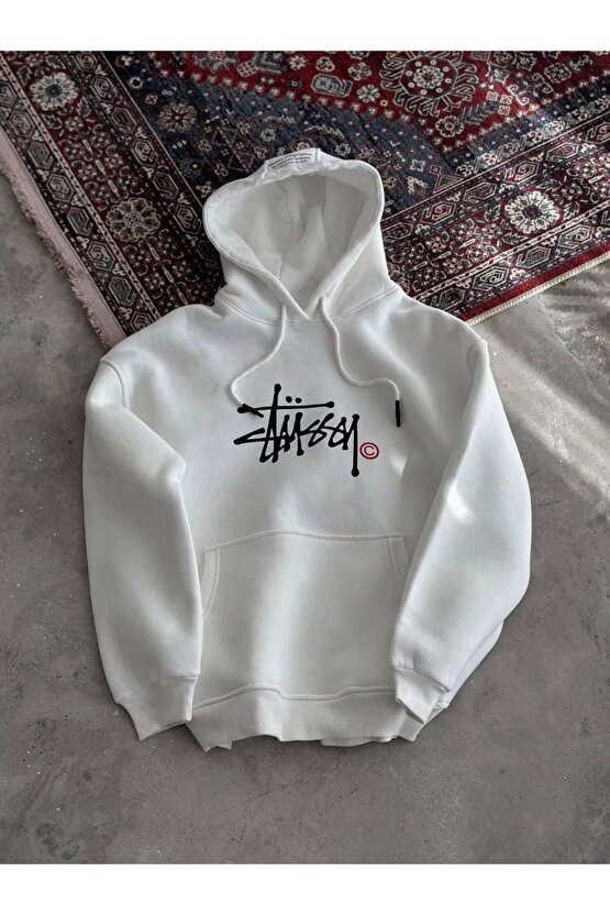 Üç İplik Kapşonlu Baskılı SweatShirt - Beyaz