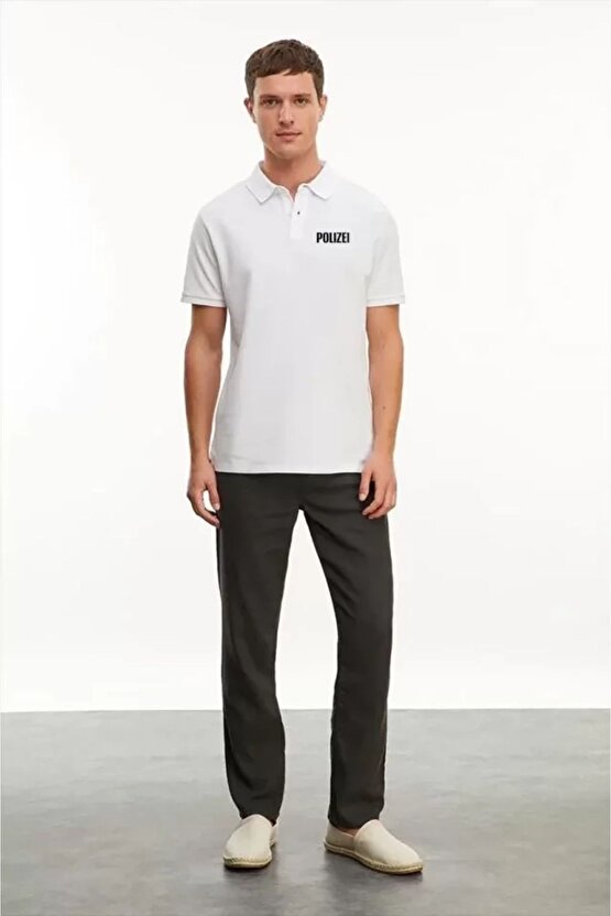 Modavera Yakası Düğmeli Yakalı Pike Baskılı T-shirt - Beyaz