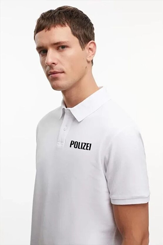 Modavera Yakası Düğmeli Yakalı Pike Baskılı T-shirt - Beyaz