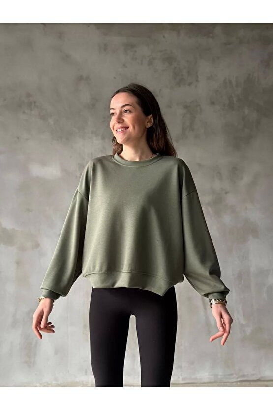 Osy Modal Yumuşak dokulu Kumaş Bisiklet Yaka Oversize Sweatshirt - Haki