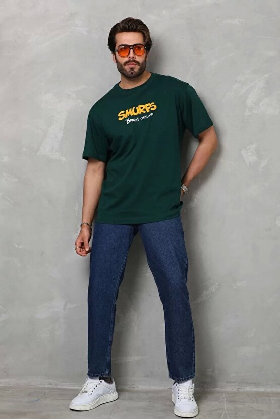 Unisex Basic Bisiklet Yaka Oversize T-shirt - Yeşil