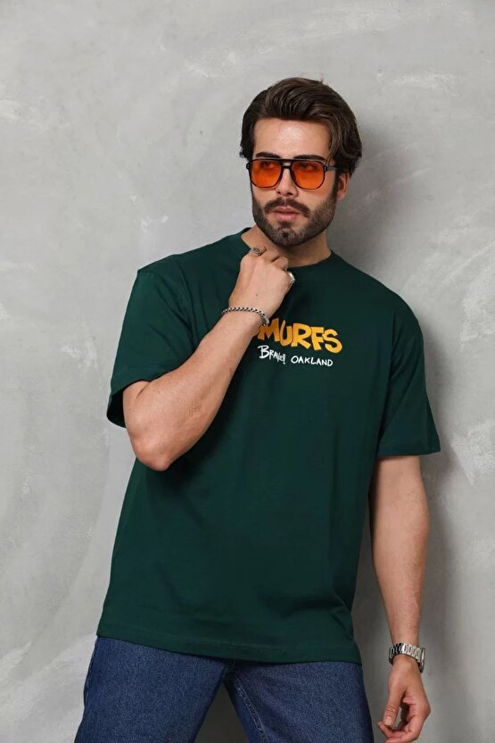 Unisex Basic Bisiklet Yaka Oversize T-shirt - Yeşil