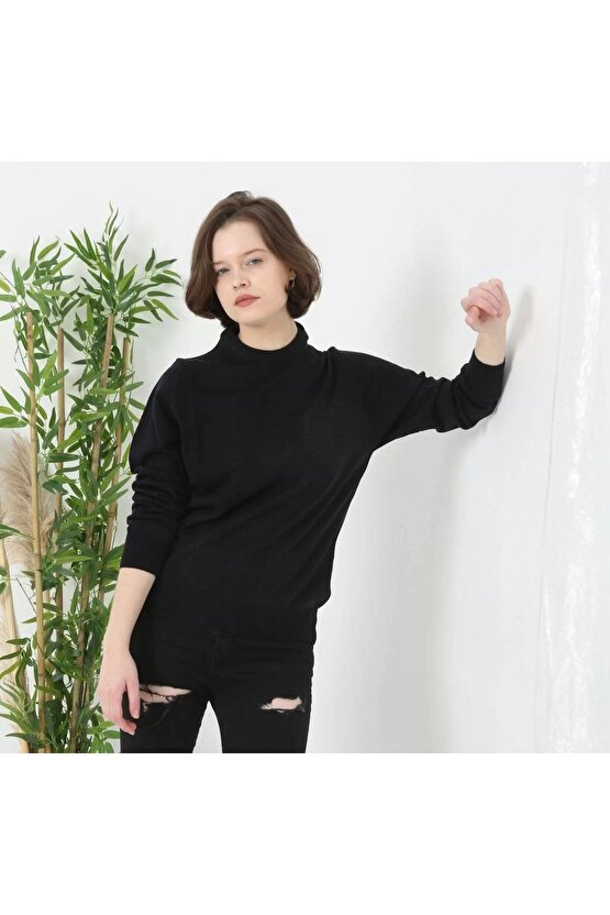 Unisex Uzun Kol Biskilet Yaka Dokuma Triko - Siyah