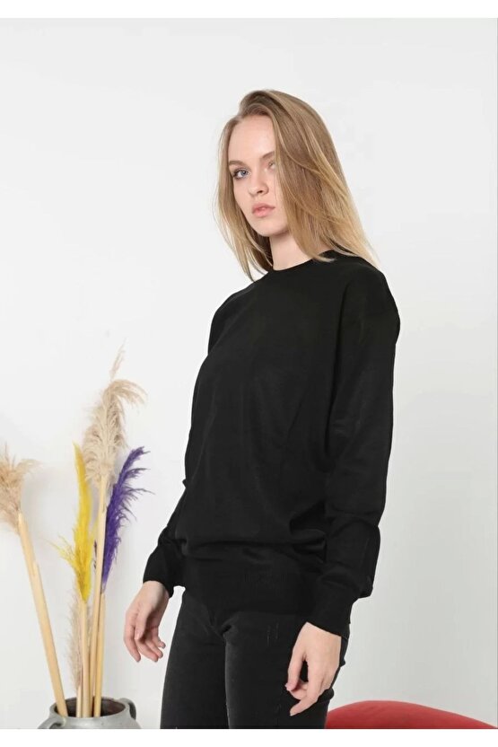 Unisex Uzun Kol Biskilet Yaka Dokuma Triko - Siyah