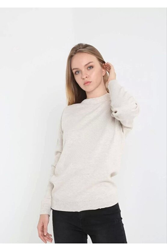 Unisex Uzun Kol Biskilet Yaka Dokuma Triko - Bej