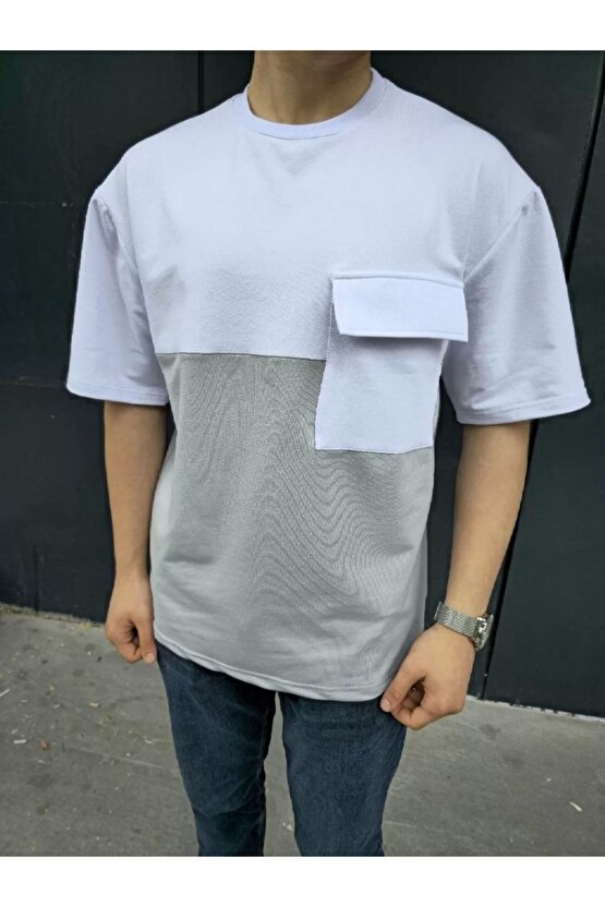 Unisex Torba Cep Detaylı Parçalı T-Shirt - Gri