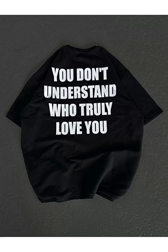 Unisex Bisiklet Yaka Baskılı Oversize T-Shirt - Siyah