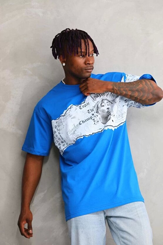 Unisex Bisiklet Yaka Baskılı Oversize T-Shirt - Mavi
