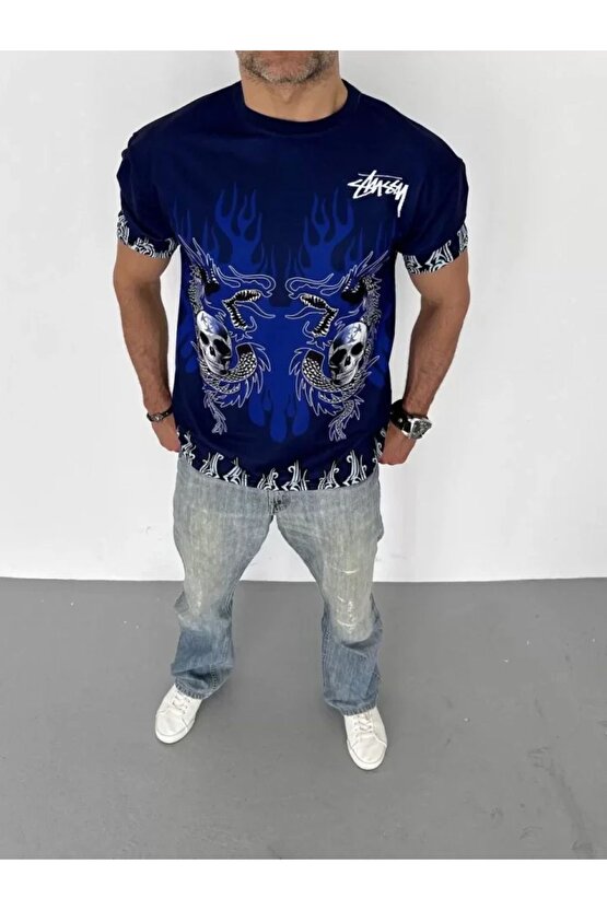 Moda Shop & Butik Unisex Bisiklet Yaka Baskılı Oversize T-shirt - Lacivert