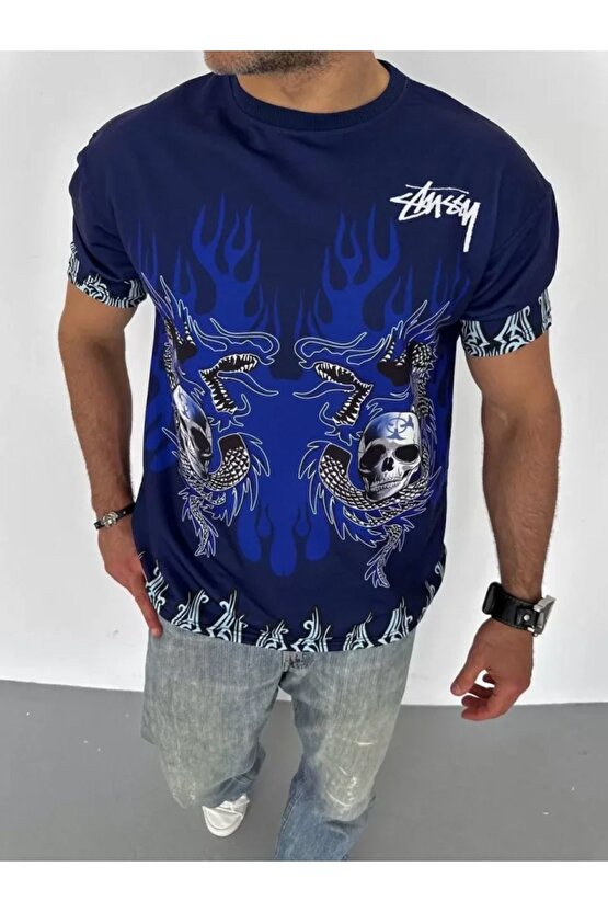 Moda Shop & Butik Unisex Bisiklet Yaka Baskılı Oversize T-shirt - Lacivert
