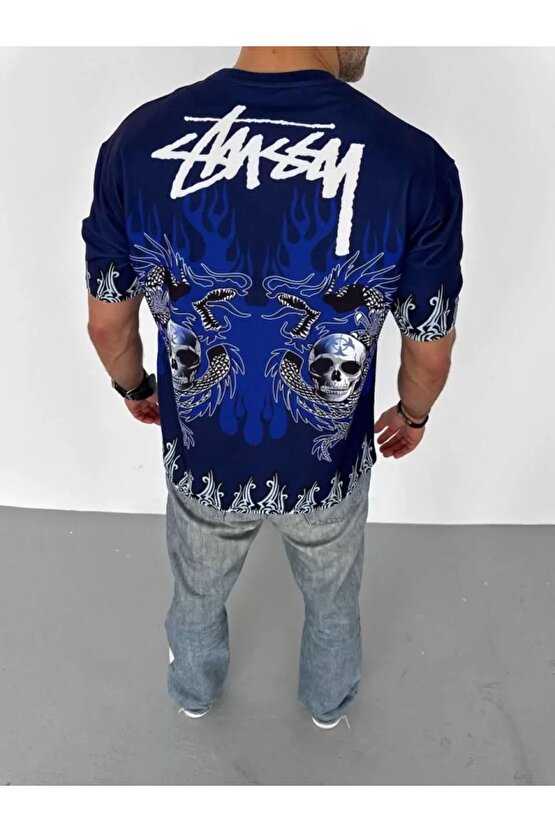 Moda Shop & Butik Unisex Bisiklet Yaka Baskılı Oversize T-shirt - Lacivert