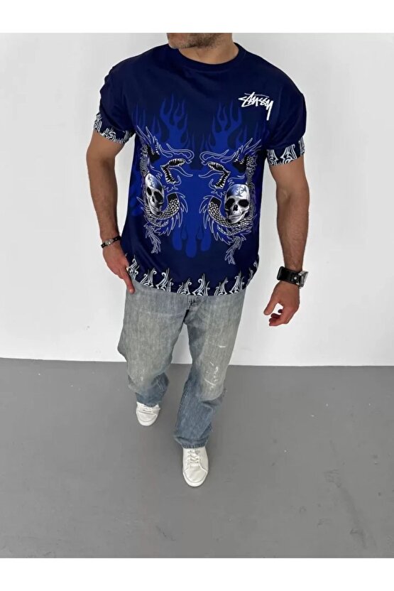 Moda Shop & Butik Unisex Bisiklet Yaka Baskılı Oversize T-shirt - Lacivert