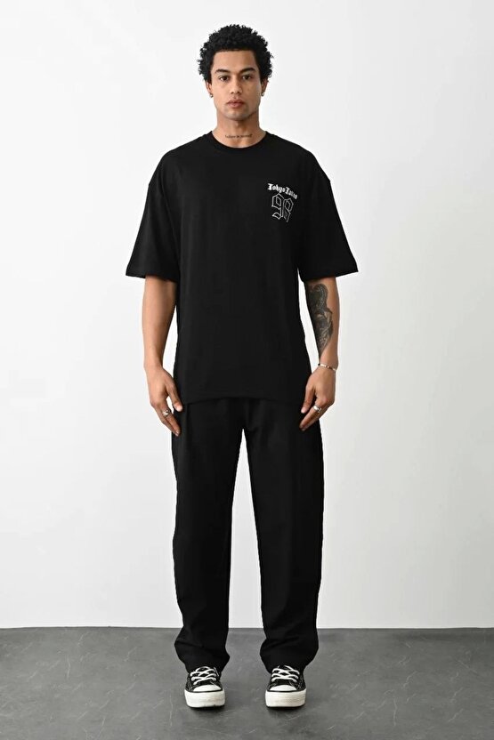Unisex Baskılı Oversize T-Shirt - Siyah