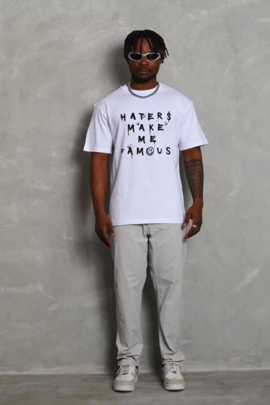 Unisex Bisiklet Yaka Baskılı Oversize T-Shirt - Beyaz