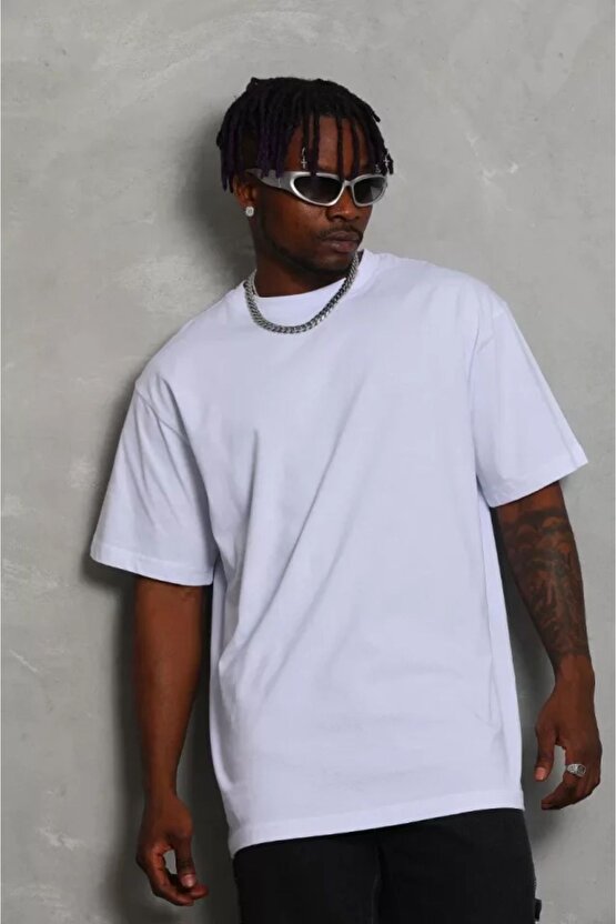 Moda Shop & Butik Unisex Oversize Düz Bisiklet Yaka T-shirt - Beyaz