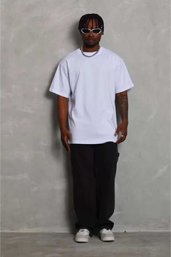 Moda Shop & Butik Unisex Oversize Düz Bisiklet Yaka T-shirt - Beyaz