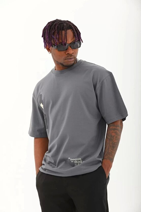 Unisex Bisiklet Yaka Baskılı Oversize T-Shirt - Siyah