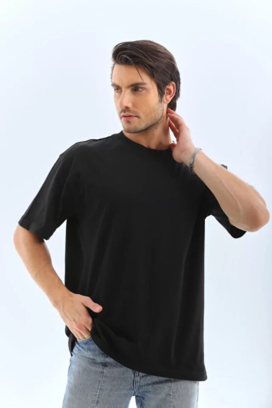Moda Shop & Butik Unisex Oversize Düz Bisiklet Yaka T-shirt - Siyah