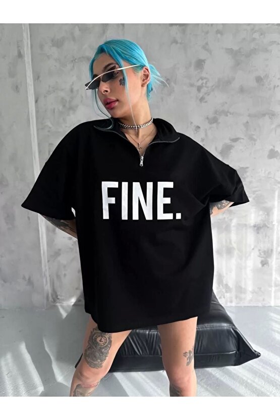 Unisex Baskılı Yarım Fermuarlı T-Shirt - Siyah