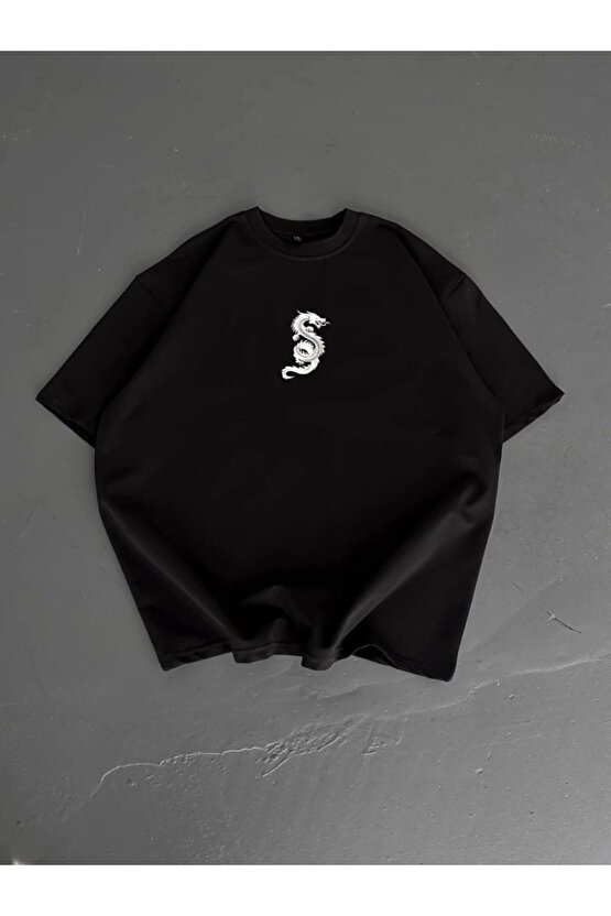 Baskılı Oversize Bisiklet Yaka T-shirt - Siyah