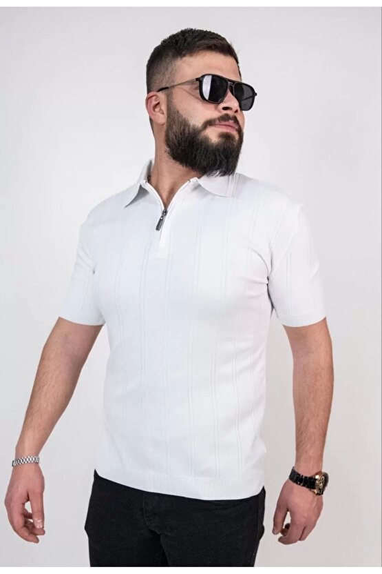 Triko Dokuma Yarım Fermuarlı Yakalı T-shirt - Beyaz