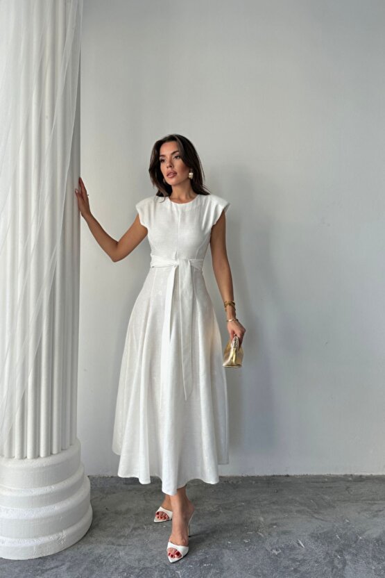 Moda Shop & Butik Jakar Keten Vatkalı Elbise - Beyaz