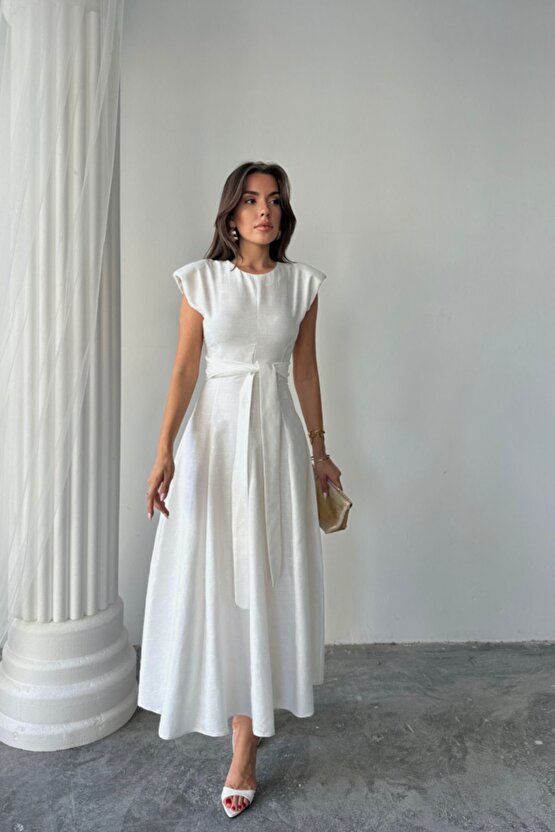 Moda Shop & Butik Jakar Keten Vatkalı Elbise - Beyaz
