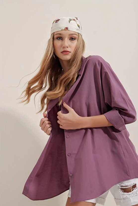 3900 Oversize Uzun Basic Gömlek - Koyu Lila
