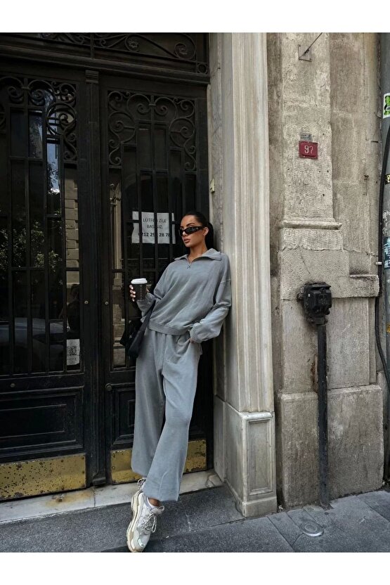 Yıkamalı iki iplik Kumaş Yakalı Fermuarlı Oversize Eşofman Takımı - Gri