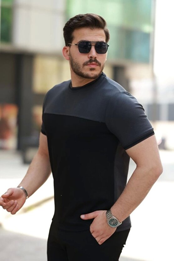 Erkek Bisiklet Yaka Parçalı Renk Kısa Kollu Tshirt