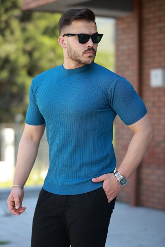 Erkek Bisiklet Yaka Örgü Desenli Kısa Örme Triko Kısa Kollu T-shirt