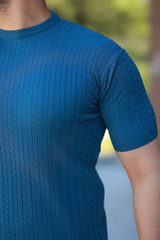 Erkek Bisiklet Yaka Örgü Desenli Kısa Örme Triko Kısa Kollu T-shirt
