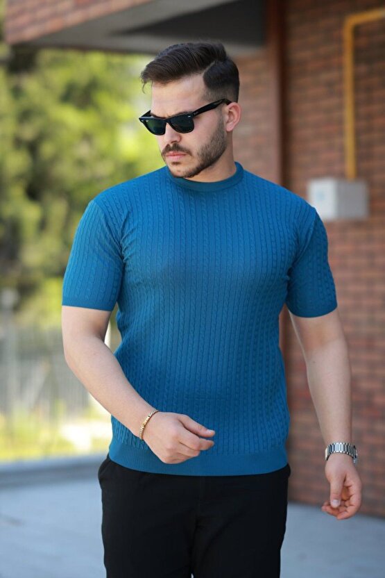 Erkek Bisiklet Yaka Örgü Desenli Kısa Örme Triko Kısa Kollu T-shirt